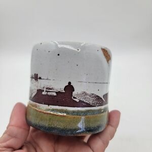 Handmade stonewear skyline rope handle mug tans browns signed